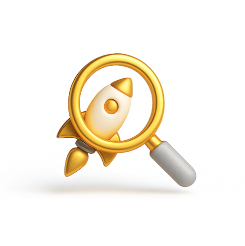 Illustration of a magnifying glass focusing on a rocket, symbolizing startup launch and exploration.