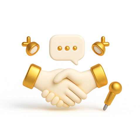 Illustration of two hands shaking with a speech bubble and a microphone icon, representing collaboration and communication.