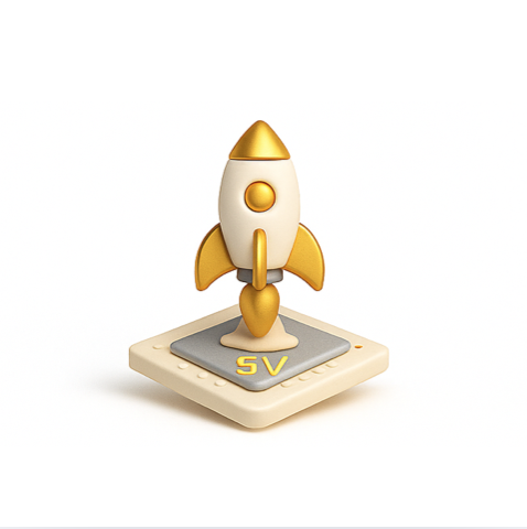 A stylized rocket model on a square base with 'SV' printed on it, representing startups in Silicon Valley.